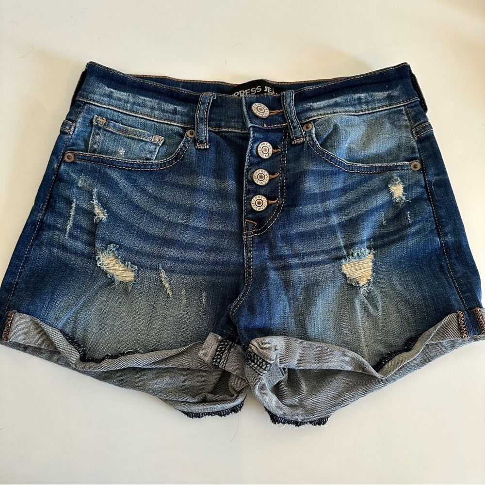Express Jean Shorts Blue Wash Light Tears